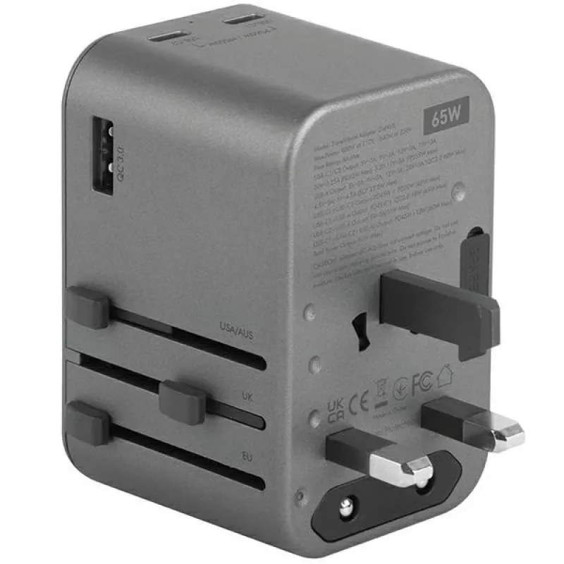 Adaptador ENERGEA Travelworld GaN65W 65W 1xUSB-A 2xUSB-C PD PPS QC 3.0 fichas intercambiáveis US/EU/UK cinzento Gunmetal