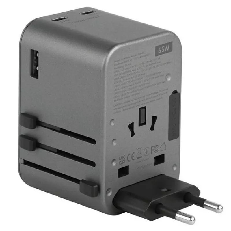 Adaptador ENERGEA Travelworld GaN65W 65W 1xUSB-A 2xUSB-C PD PPS QC 3.0 fichas intercambiáveis US/EU/UK cinzento Gunmetal