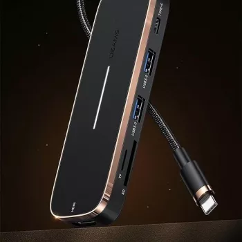 Hub USB-C USAMS SJ575HUB01 2x USB-A USB-C PD HDMI leitor de cartões SD Micro SD preto
