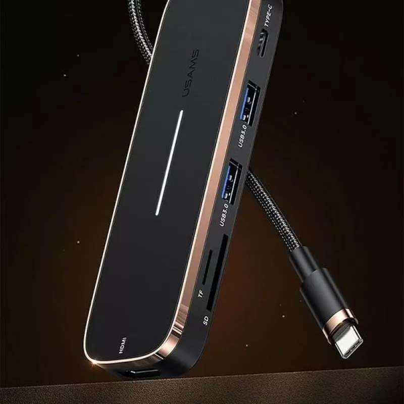 Hub USB-C USAMS SJ575HUB01 2x USB-A USB-C PD HDMI leitor de cartões SD Micro SD preto