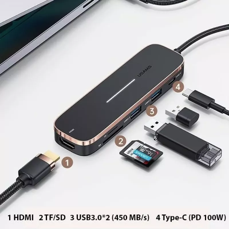 Hub USB-C USAMS SJ575HUB01 2x USB-A USB-C PD HDMI leitor de cartões SD Micro SD preto