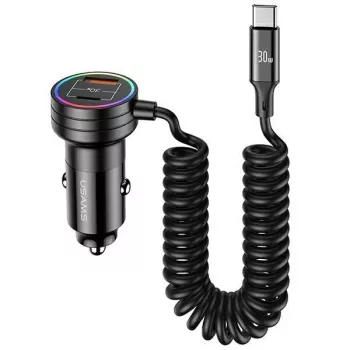 Carregador de automóvel USAMS 60W 2xUSB-C 1xUSB-A com cabo espiral carregamento rápido PD QC preto CC167CC01