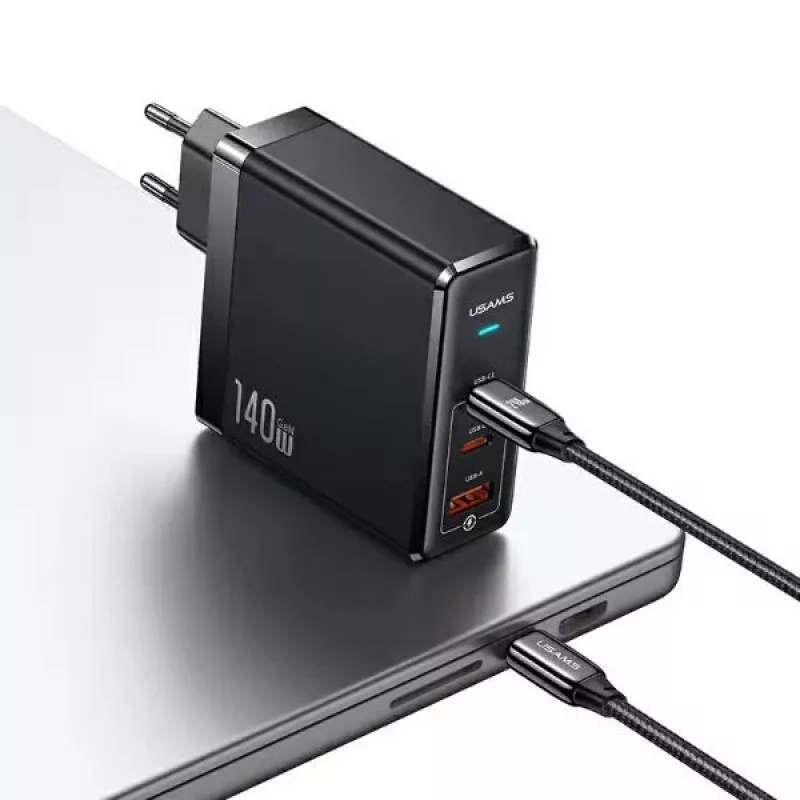 Fonte de alimentação GaN USAMS T52PD140W 140W com cabo USB-C 240W, 2xUSB-C + 1xUSB-A, carregamento rápido PD, preto (US-CC168 + US-SJ581) série UM UMXLOGTC01