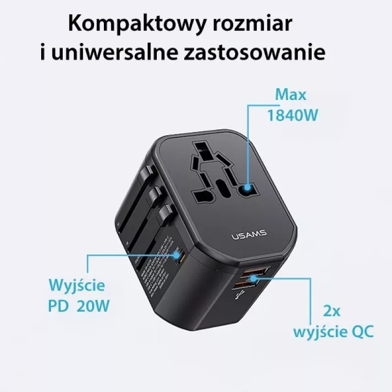 Carregador de viagem universal USAMS T59 20W com 2 portas USB-A e 1 porta USB-C, preto, fichas intercambiáveis US/AU/EU/UK