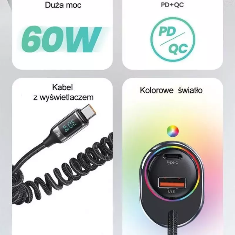 Carregador de automóvel USAMS C37 1xUSB-A + 1xUSB-C 60W com cabo USB-C para USB-C 30W PD+QC carregamento rápido preto CC192CC01 (US-CC192)