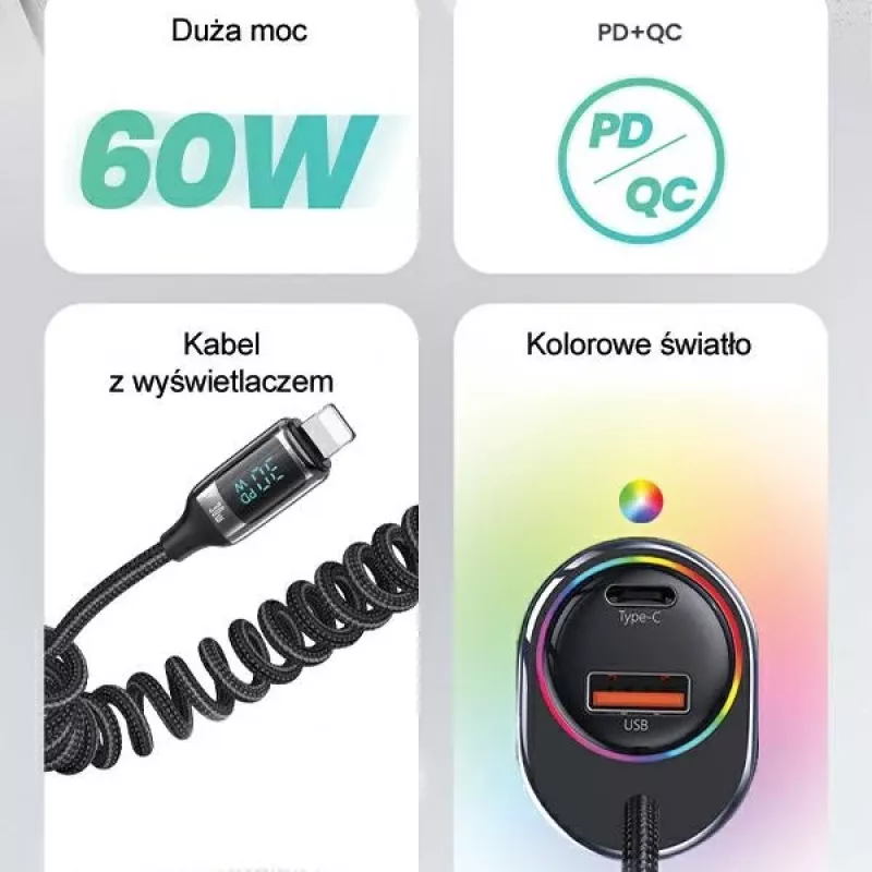 Carregador de automóvel USAMS C37 60W 1xUSB-A + 1xUSB-C PD+QC carregamento rápido com cabo Lightning 30W preto CC193CC01 (US-CC193)