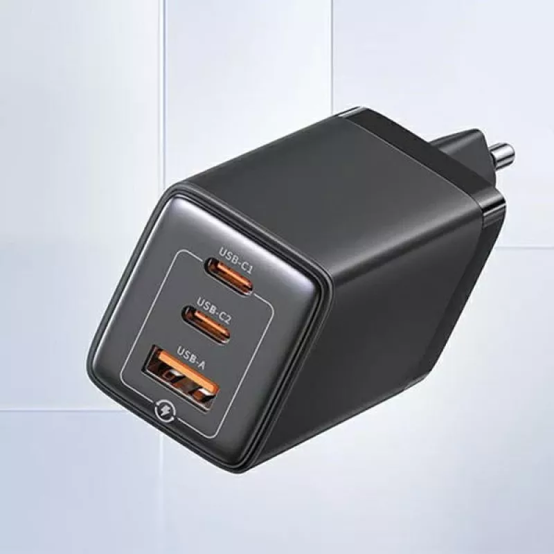 Carregador de parede USAMS Sandru Series 65W GaN 2xUSB-C 1xUSB-A PD3.0 QC3.0 carregamento rápido preto CC180TC01