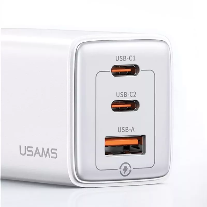 Carregador USAMS Sandru Series CC180TC02 GaN 65W USB-C (branco) - 2xUSB-C + 1xUSB-A, carregamento rápido PD3.0 e QC3.0, ficha EU
