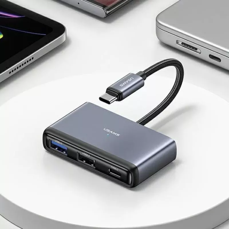 Adaptador hub USB-C 4 em 1 USAMS 2x USB 2.0 / USB 3.0 / USB-C cinzento escuro SJ627HUB01 (US-SJ627)