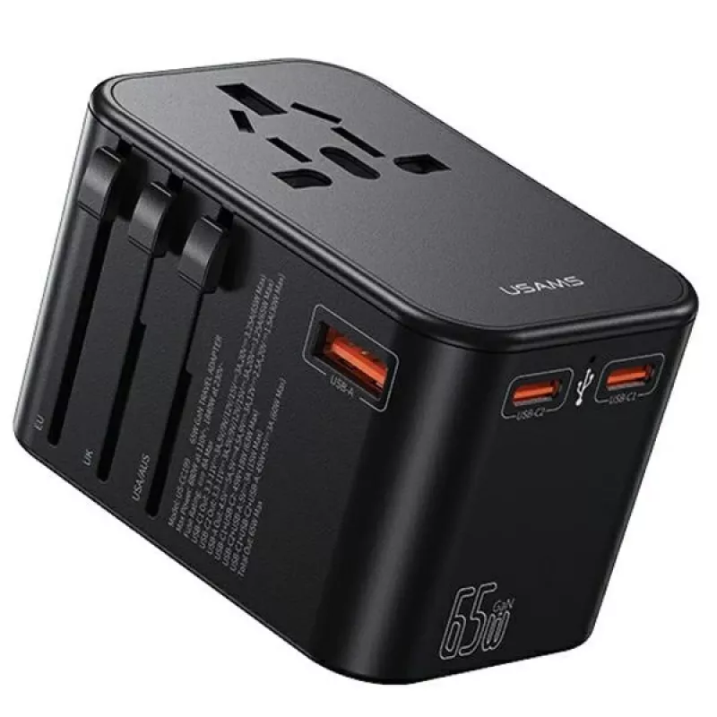 Carregador de viagem universal USAMS 65W 1xUSB-A + 2xUSB-C T62 com fichas intercambiáveis US/AU/EU/UK preto CC199TC01 (US-CC199)