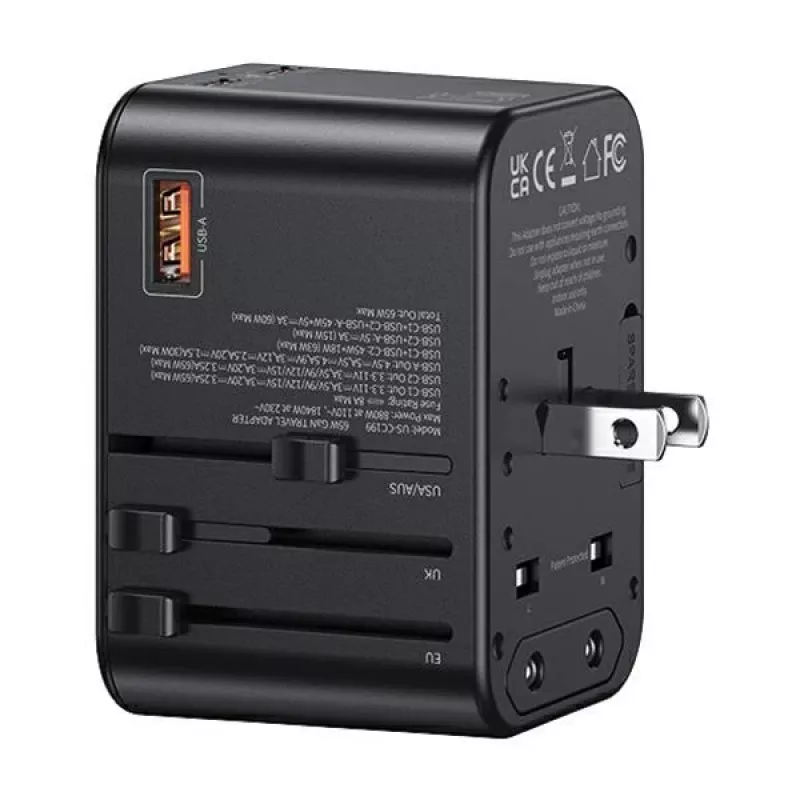 Carregador de viagem universal USAMS 65W 1xUSB-A + 2xUSB-C T62 com fichas intercambiáveis US/AU/EU/UK preto CC199TC01 (US-CC199)