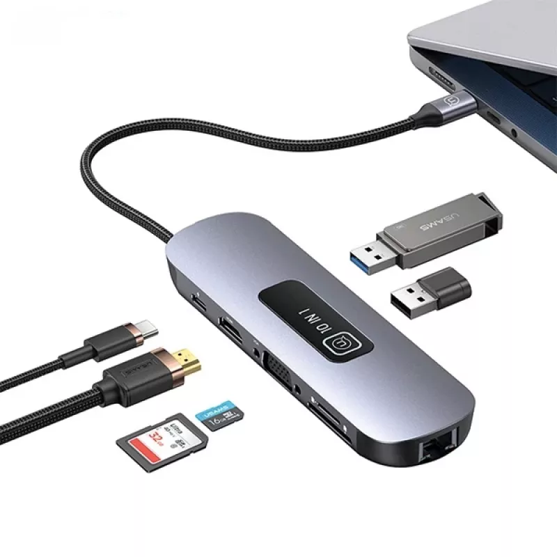 Adaptador hub USB-C 10 em 1 USAMS 3x USB 3.0, SD/TF, HDMI, VGA, RJ45, PD 100W, cinzento