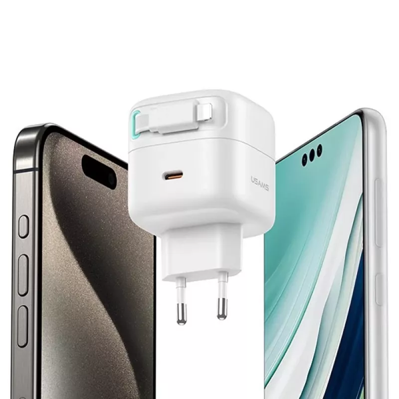 Carregador rápido GaN USAMS XMF Series CC209TC01 35W com cabo USB-C para Lightning retrátil, preto