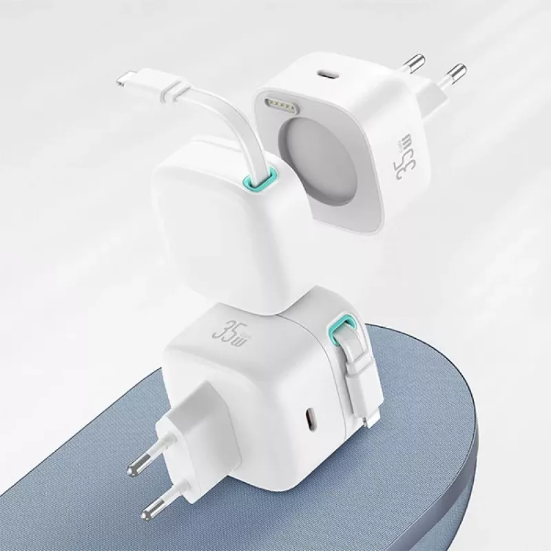 Carregador rápido GaN USAMS XMF Series CC209TC02 35W com cabo Lightning retrátil, branco