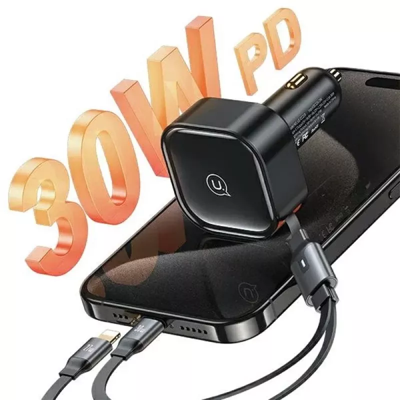 Carregador de automóvel USAMS C41 30W PD carregamento rápido com cabos USB-C e Lightning retráteis preto (US-CC219)