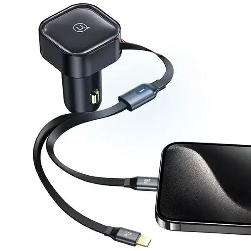 Carregador de automóvel USAMS com cabo retrátil 2xUSB-C C41 PD 30W carregamento rápido preto CC220CC01 (US-CC220)