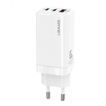 USAMS Carregador rápido GaN 65W MT T33 PD 2xUSB-C + USB-A branco CC110TC02 (US-CC110)