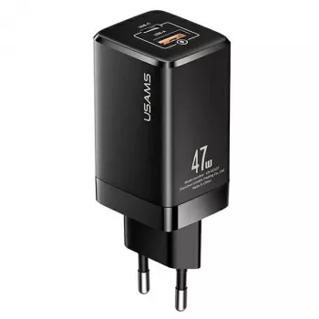 USAMS T41 Carregador rápido GaN 47W USB-C+USB-A ficha EU preto