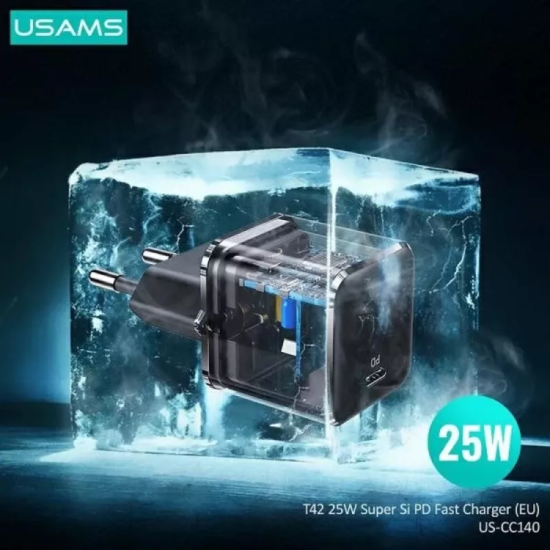 USAMS T42 Carregador rápido mini 25W USB-C PD3.0 (apenas cabeça) preto CC140TC01
