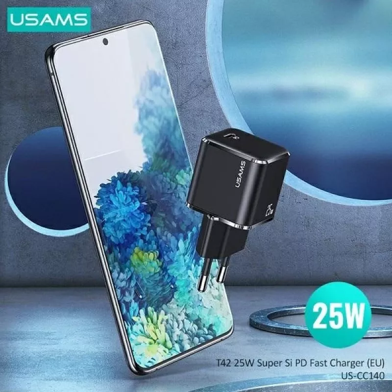 USAMS T42 Carregador rápido mini 25W USB-C PD3.0 (apenas cabeça) preto CC140TC01