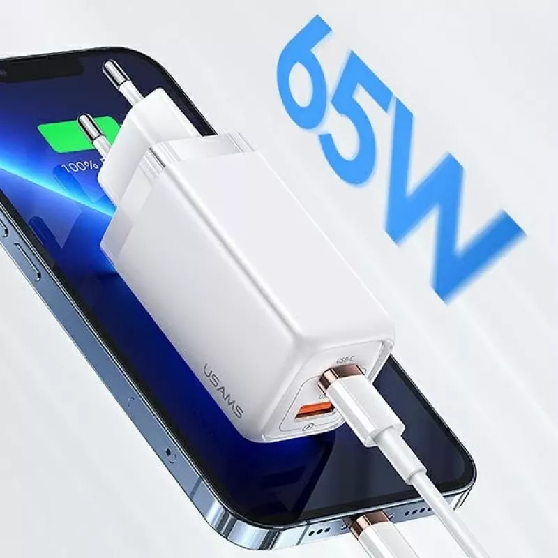 USAMS T47 Carregador de parede Super Si 65W PD carregamento rápido com 1x USB-C e 1x USB-A, branco (CC153TC02)