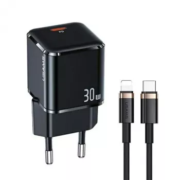 USAMS T45 Carregador rápido 30W PD3.0 USB-C com cabo U63 USB-C para Lightning, preto, UXTZH01