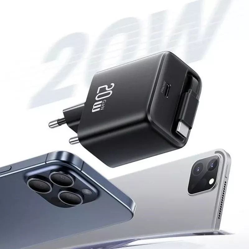 USAMS Série YC Fonte de alimentação GaN 20W USB-C com cabo USB-C retrátil, carregamento rápido PD+QC, branco (US-CC233)