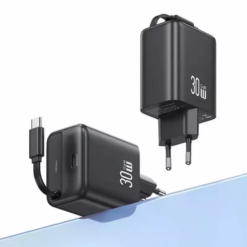 USAMS Série YC CC241TC02 Carregador de parede GaN 30W USB-C com cabo USB-C retrátil, carregamento rápido PD+QC, branco