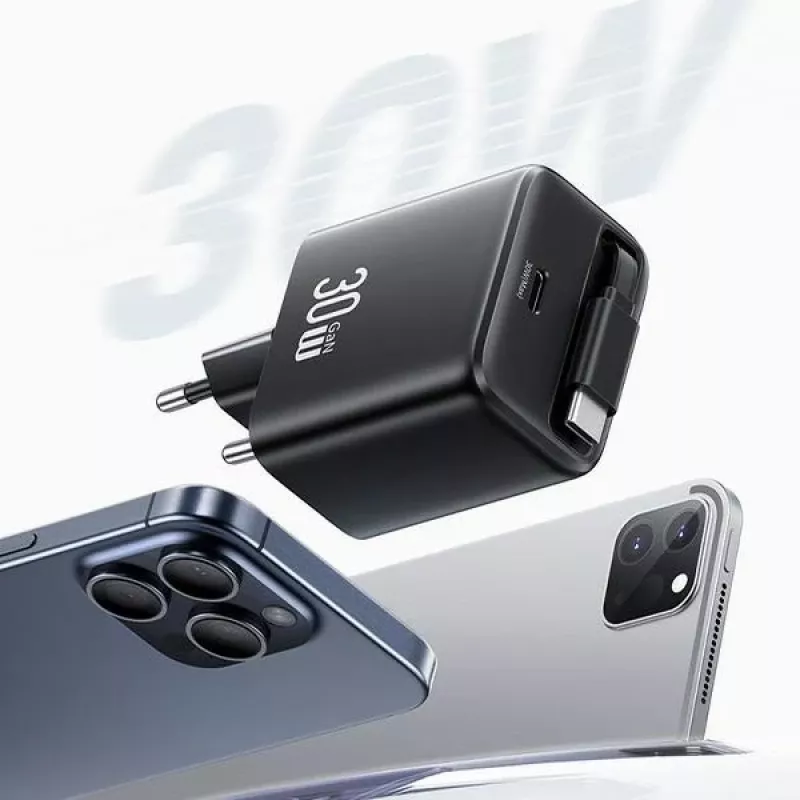 USAMS Série YC CC241TC02 Carregador de parede GaN 30W USB-C com cabo USB-C retrátil, carregamento rápido PD+QC, branco