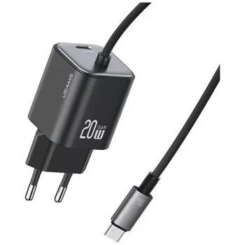 USAMS Carregador rápido GaN 20W com cabo USB-C, preto