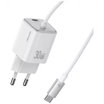 USAMS Série JC CC264 Carregador rápido mini GaN 30W, USB-C com cabo USB-C integrado, branco