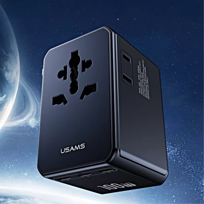 Carregador de viagem universal USAMS T72 65W GaN 4-em-1 US/AU/EU/UK preto