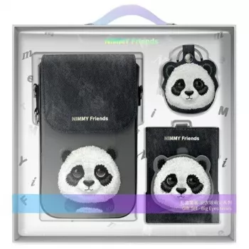 Nimmy Conjunto 3 em 1: bolsa para telemóvel + carteira + capa para tracker, preto, Big Eyed Pet 2.0 Panda