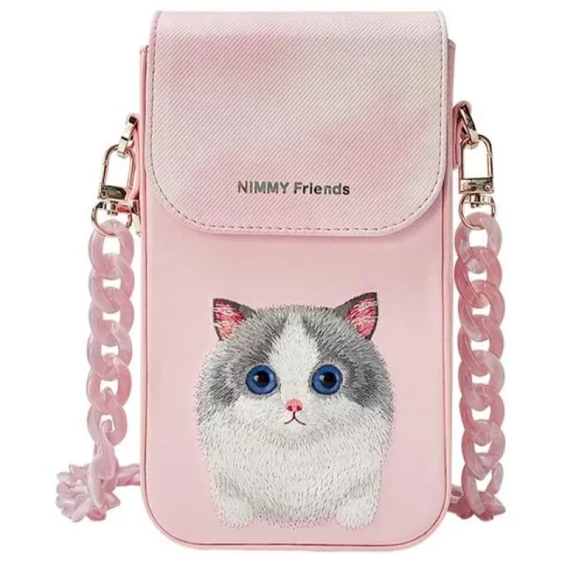Nimmy Conjunto 3 em 1 de bolsa de tiracolo para telemóvel, carteira e suporte para tracker - rosa Big Eyed Pet 2.0 Cat