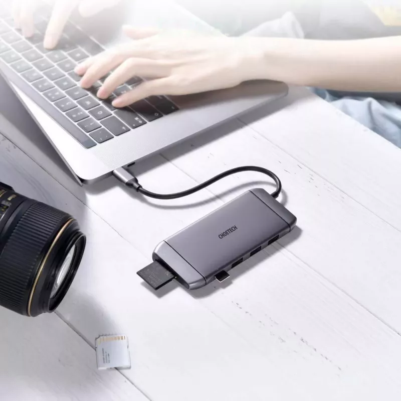 CHOETECH Hub USB-C Multifunções 9 em 1 - 3x USB 3.2 Gen 1, Leitor de Cartões SD/TF, HDMI 4K 30Hz, VGA Full HD 60Hz, USB-C PD, RJ45 Gigabit Ethernet, Cinzento (HUB-M15)