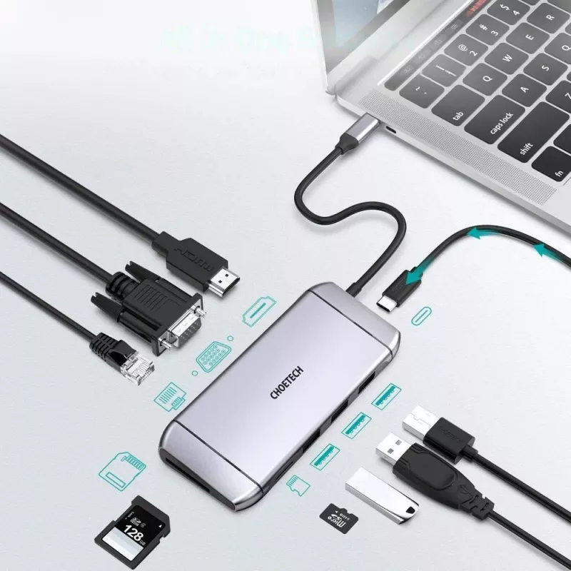 CHOETECH Hub USB-C Multifunções 9 em 1 - 3x USB 3.2 Gen 1, Leitor de Cartões SD/TF, HDMI 4K 30Hz, VGA Full HD 60Hz, USB-C PD, RJ45 Gigabit Ethernet, Cinzento (HUB-M15)