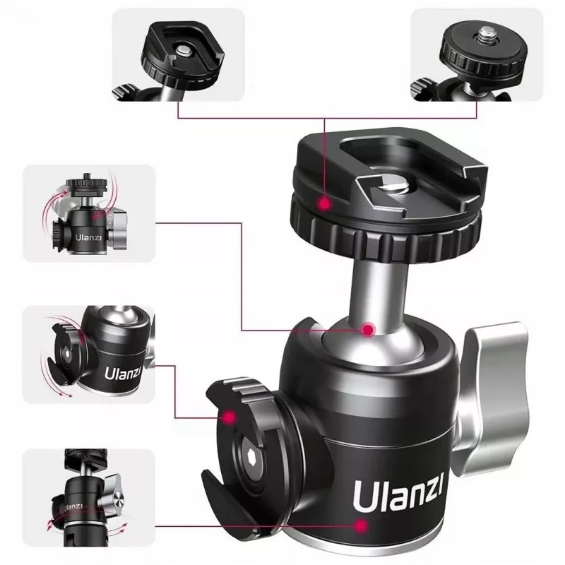 ULANZI U-60 Cabeça de esfera mini com dois suportes de encaixe cold shoe, rosca de 1/4 polegadas, liga de alumínio, capacidade de carga 1,5 kg, preto