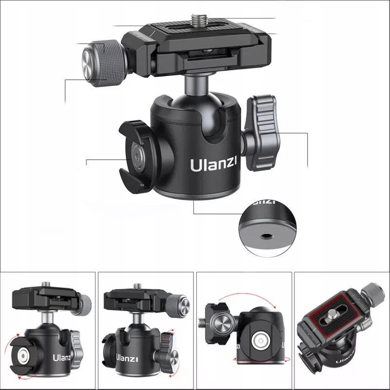 Ulanzi U-80L Cabeça de esfera 3D com placa de libertação rápida Arca-Swiss, carga de 20 kg, rotação panorâmica 360°, preto