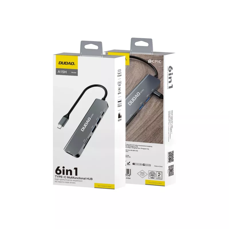 Estação de Docking Hub USB-C 6-em-1 DUDAO A15H com HDMI, USB 3.0, USB 2.0, Leitor de Cartões SD/TF, PD 100W - Cinzento Espacial