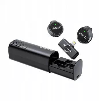 Microfone lavalier sem fios duplo ULANZI A21 para iPhone Lightning, alcance de 100m, estojo de carregamento