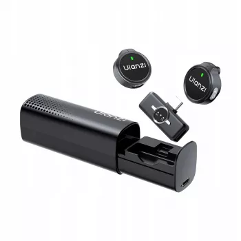 Conjunto de microfone lavalier sem fios ULANZI A21 com estojo de carregamento, 2 emissores, recetor USB-C, alcance de 100 m, preto