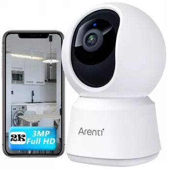 Arenti P2T Câmara Wi-Fi interior 3MP/2K com função de rotação/inclinação e modo de privacidade