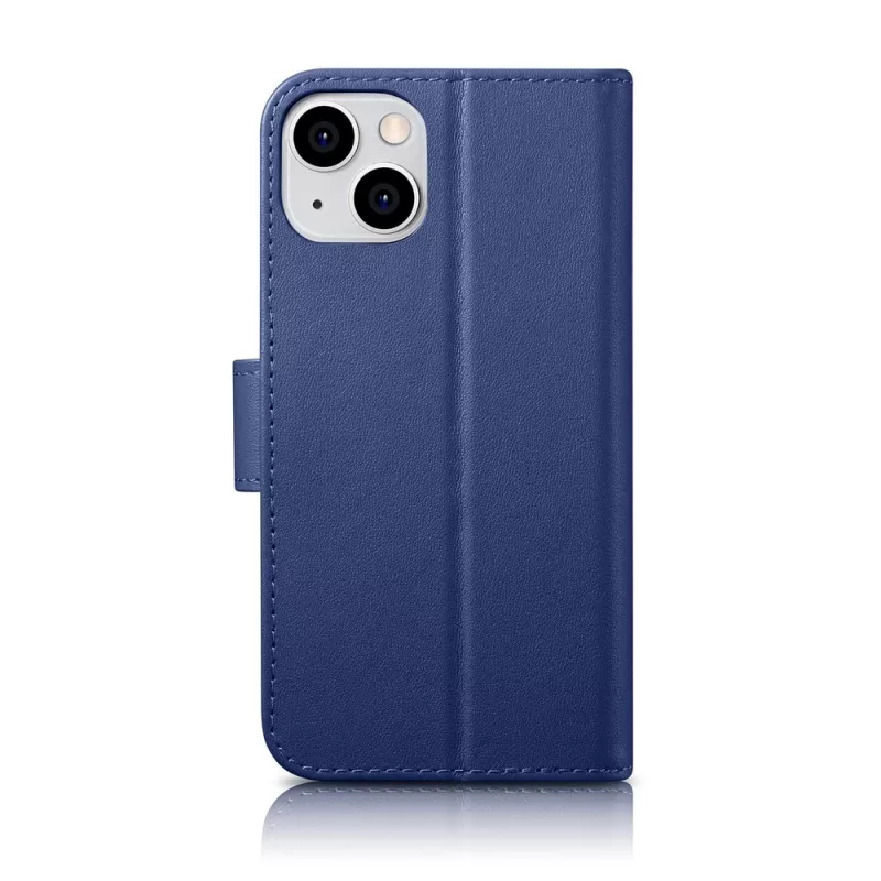 iCarer Wallet Case 2in1 para iPhone 14 Plus - capa flip em pele genuína com bloqueio RFID, compartimentos para cartões, kickstand - azul