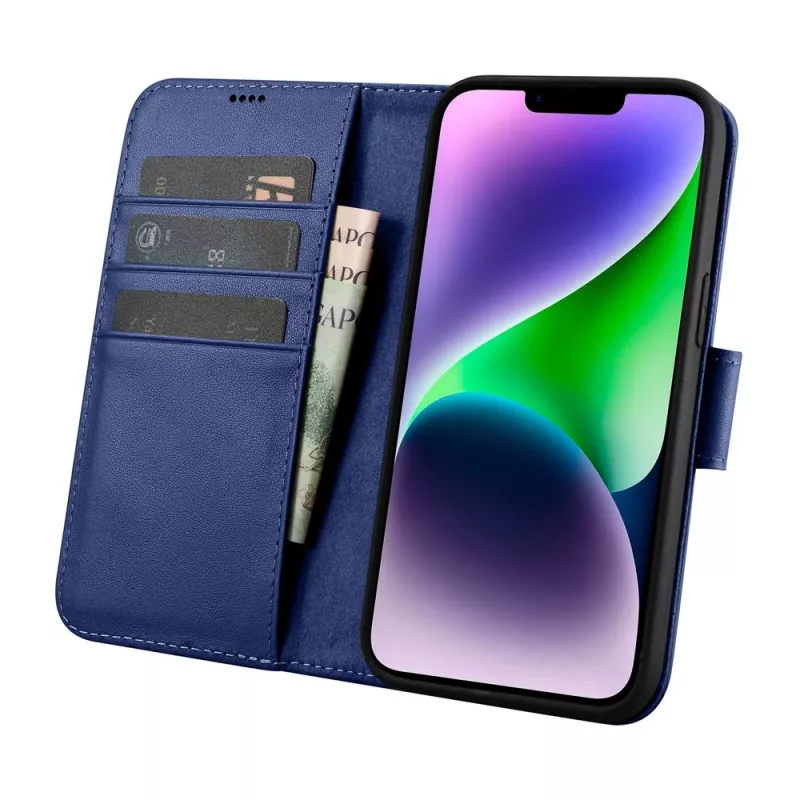 iCarer Wallet Case 2in1 para iPhone 14 Plus - capa flip em pele genuína com bloqueio RFID, compartimentos para cartões, kickstand - azul