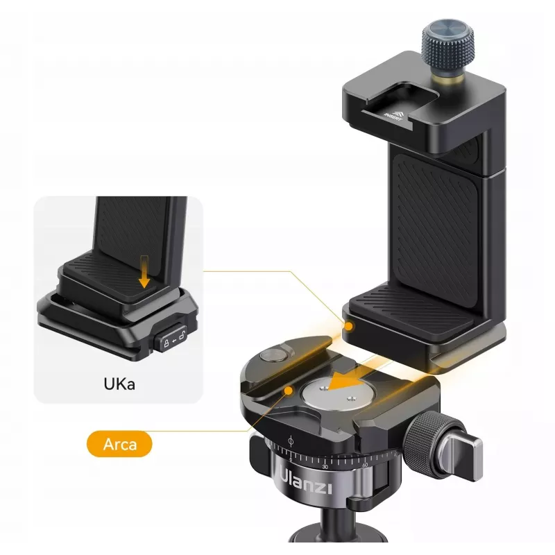 Suporte para telefone Ulanzi MA33 com 2x encaixes cold shoe e base Arca-Swiss