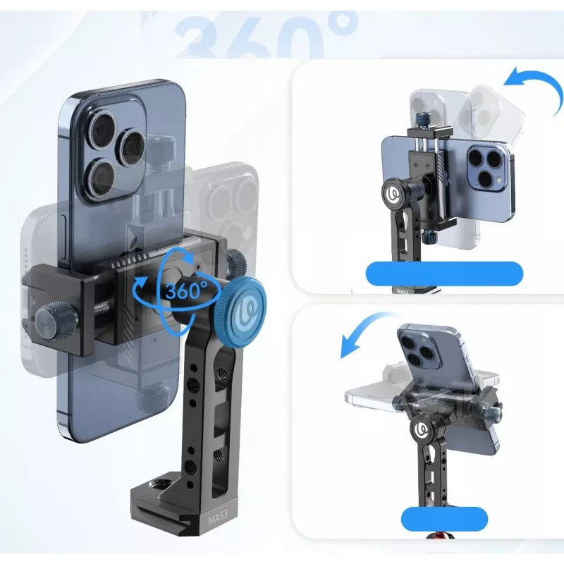 Suporte de tripé para telefone Ulanzi MA53 360° com 2x cold shoe, Arca-Swiss, rosca de 1/4 polegadas e 3/8 polegadas