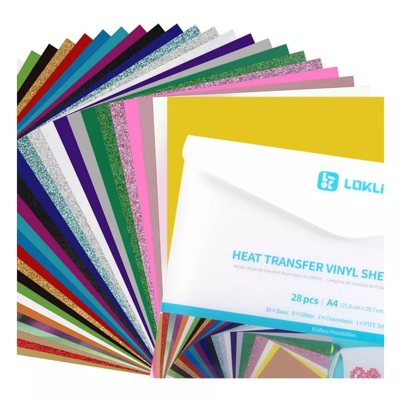 LOKLIK Pack de material de película para plotter (A4), vinil de transferência térmica, 28 folhas, multicolor