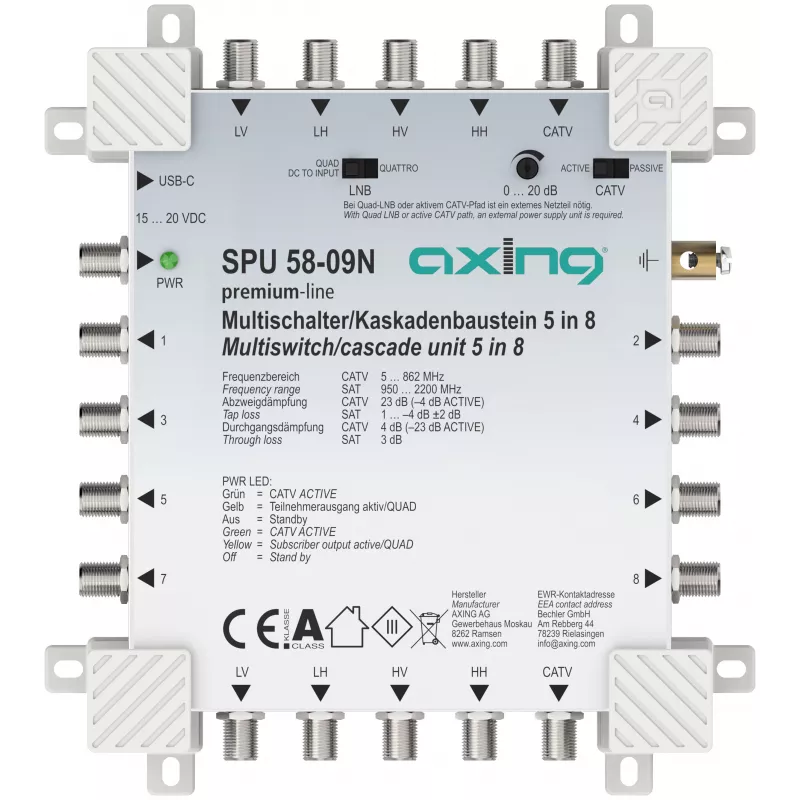 Multiswitch ativo AXING SPU 58-09N 5-in-8, compatível com canal de retorno