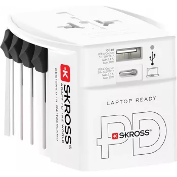 SKROSS MUV USB AC30PD Adaptador de viagem mundial com carregador USB, branco