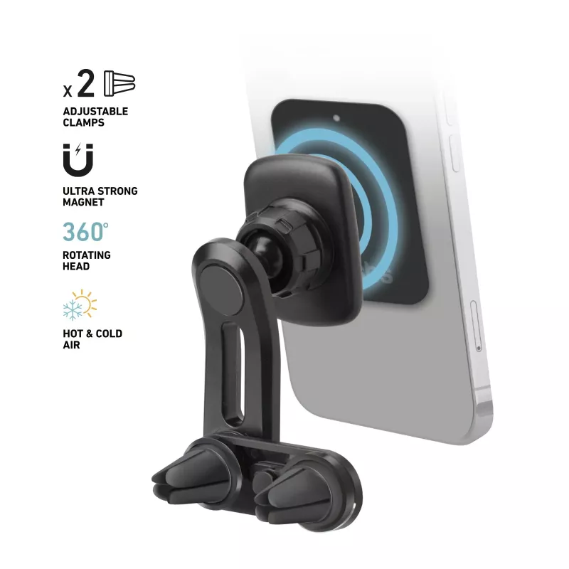 Suporte magnético de automóvel SBS com duplo clipe para telemóvel - Suporte universal para smartphone com ímanes de neodímio fortes, rotação 360°, Preto